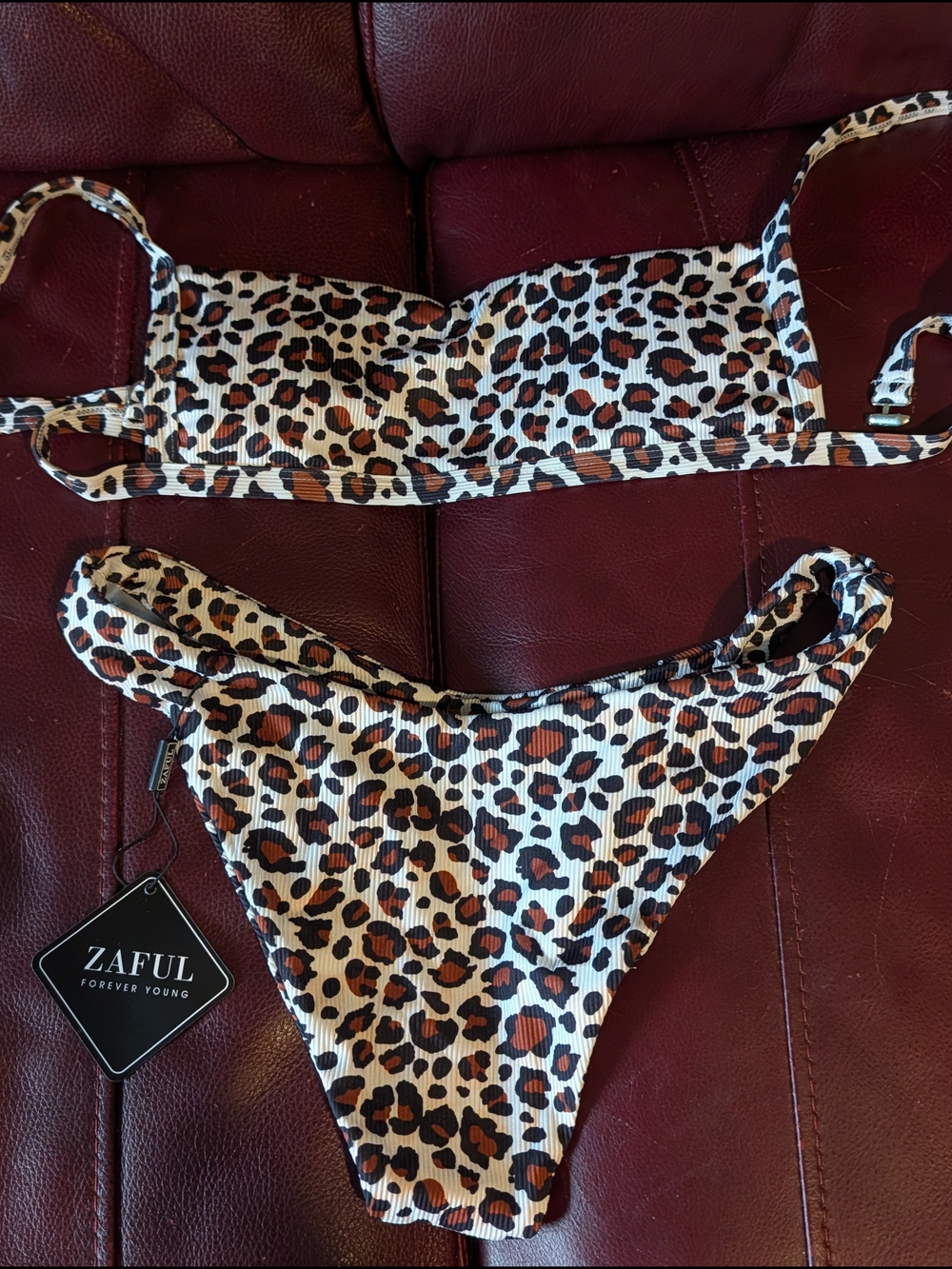 Zaful Leopard Ribbed Bikini Set - White, Brown, Black